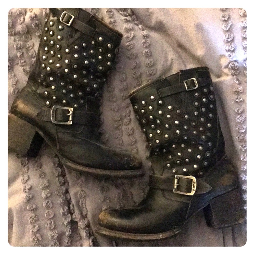 Frye Vera Disc Black Leather Moto Biker Boots